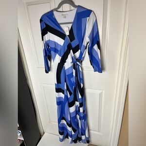 NWT Beautiful Cato Blue Black White Wrap VNeck Maxi Dress Long Sleeve Size XS